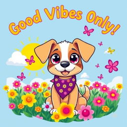 A vibrant and playful t-shirt design featuring an adorable cartoon-style dog with big sparkling eyes, wearing a colorful bandana around its neck
