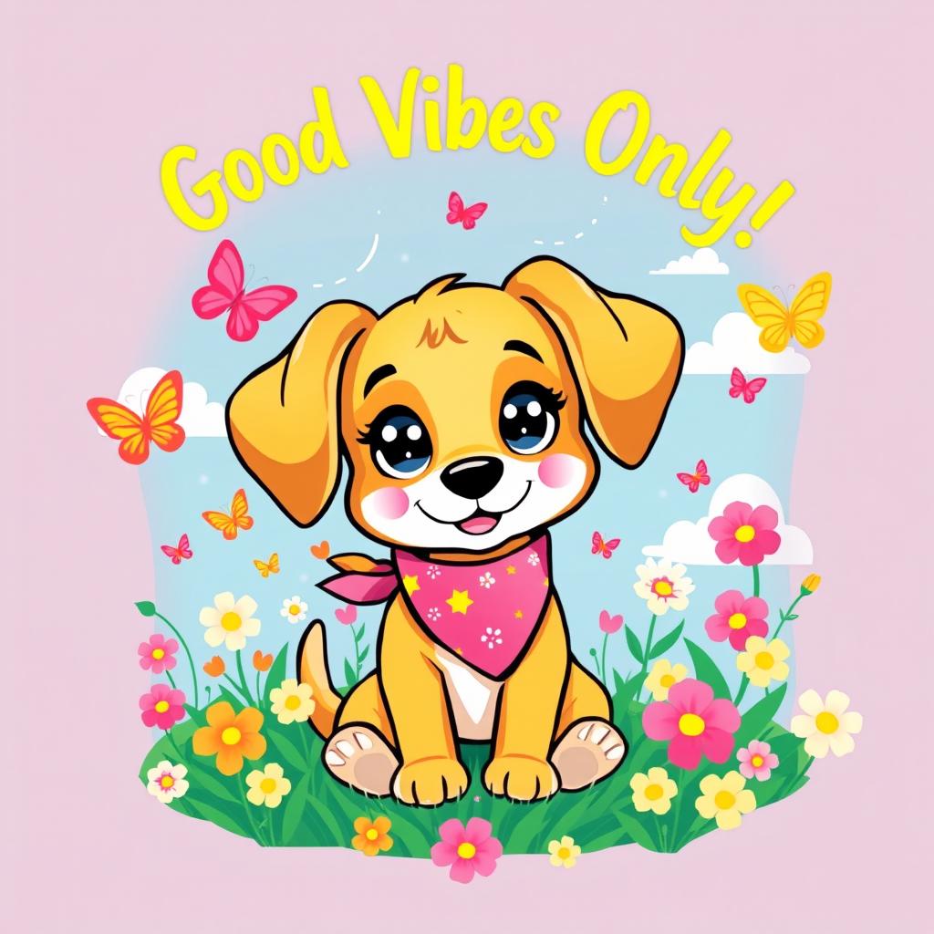 A vibrant and playful t-shirt design featuring an adorable cartoon-style dog with big sparkling eyes, wearing a colorful bandana around its neck