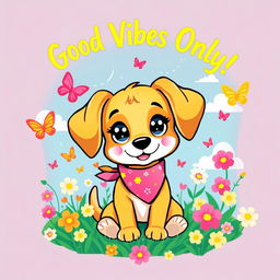 A vibrant and playful t-shirt design featuring an adorable cartoon-style dog with big sparkling eyes, wearing a colorful bandana around its neck