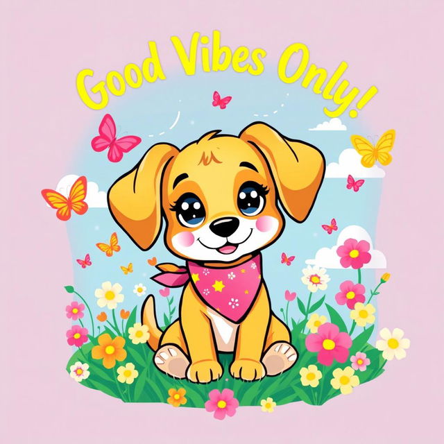 A vibrant and playful t-shirt design featuring an adorable cartoon-style dog with big sparkling eyes, wearing a colorful bandana around its neck