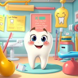 A single anthropomorphized tooth with wide, curious eyes and an inquisitive expression, sitting in a whimsical, bright dental environment