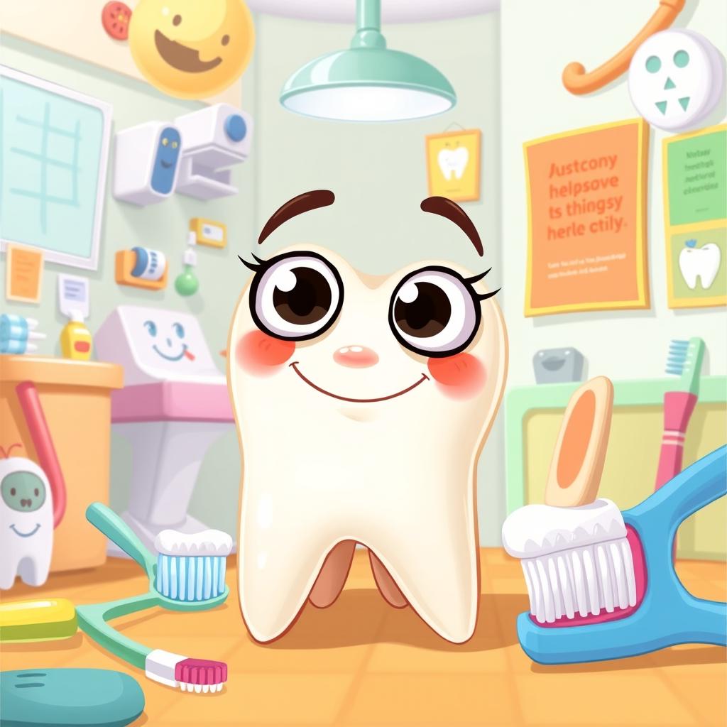 A single anthropomorphized tooth with wide, curious eyes and an inquisitive expression, sitting in a whimsical, bright dental environment