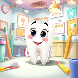 A single anthropomorphized tooth with wide, curious eyes and an inquisitive expression, sitting in a whimsical, bright dental environment