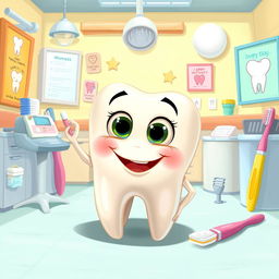 A single anthropomorphized tooth with wide, curious eyes and an inquisitive expression, sitting in a whimsical, bright dental environment