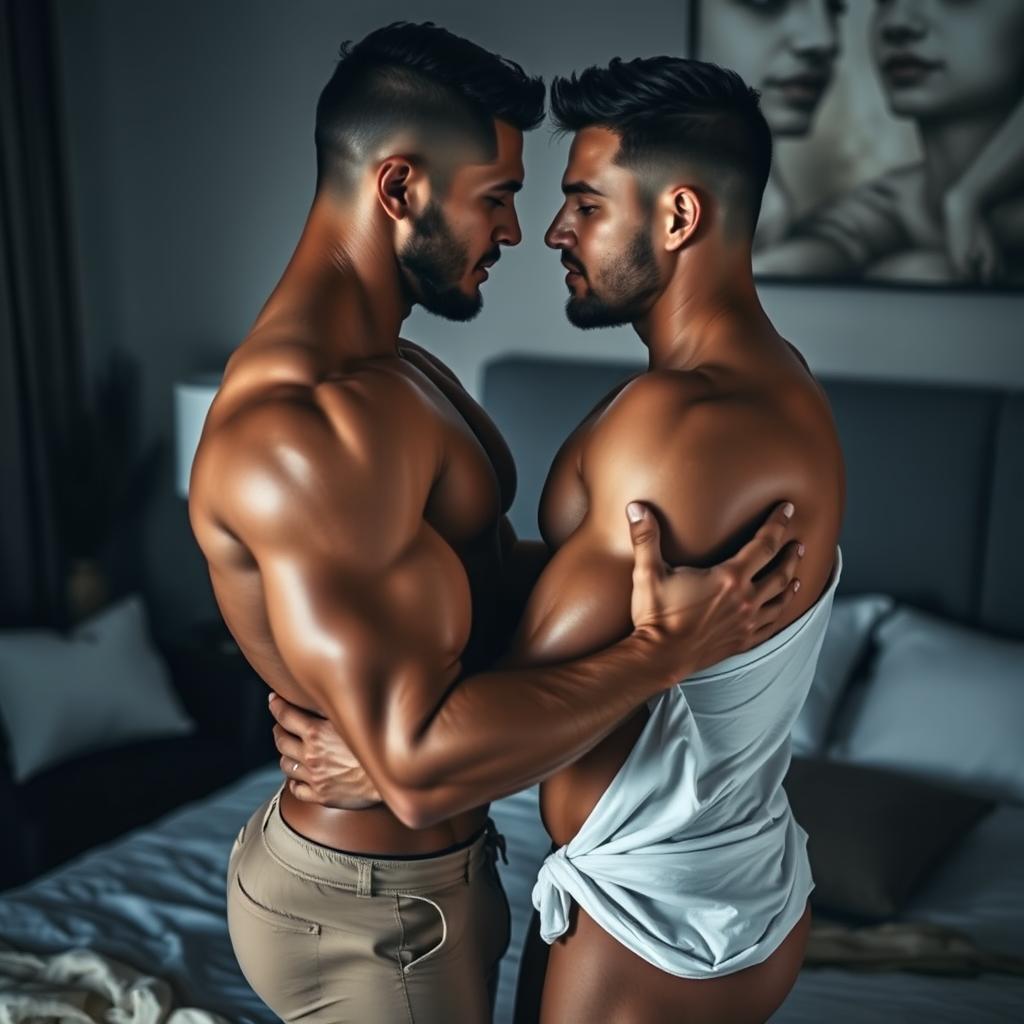 A provocative and artistic interpretation of two muscular men engaged in a passionate moment, intertwining their bodies in an intimate embrace
