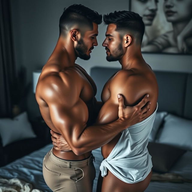 A provocative and artistic interpretation of two muscular men engaged in a passionate moment, intertwining their bodies in an intimate embrace
