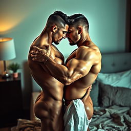 A provocative and artistic interpretation of two muscular men engaged in a passionate moment, intertwining their bodies in an intimate embrace