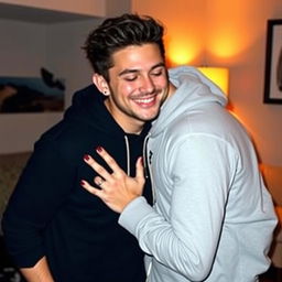 A tender moment between two men sharing a soft kiss, showcasing their deep connection and affection
