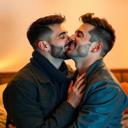 A tender moment between two men sharing a soft kiss, showcasing their deep connection and affection