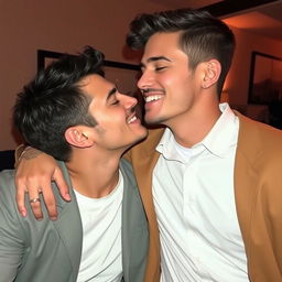 A tender moment between two men sharing a soft kiss, showcasing their deep connection and affection
