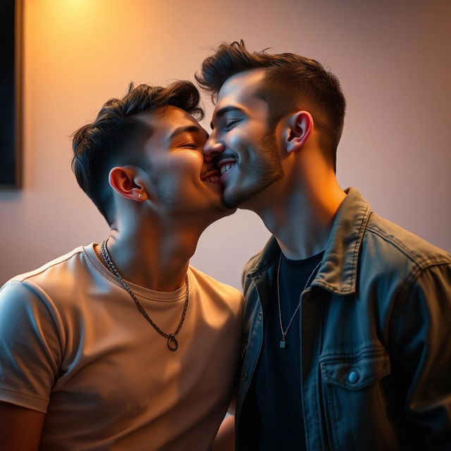 A tender moment between two men sharing a soft kiss, showcasing their deep connection and affection