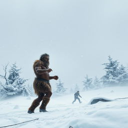 A Neanderthal man standing in a dramatic ice age landscape, struggling against a fierce blizzard with heavy snowfall