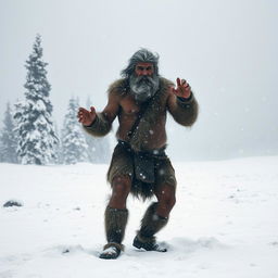 A Neanderthal man standing in a dramatic ice age landscape, struggling against a fierce blizzard with heavy snowfall
