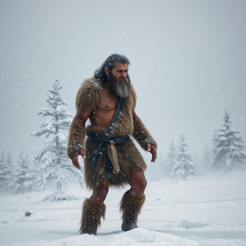 A Neanderthal man standing in a dramatic ice age landscape, struggling against a fierce blizzard with heavy snowfall