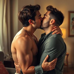 A dramatic depiction of two men sharing an intimate kiss, highlighting the closeness and connection in the moment