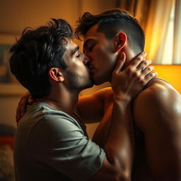 A dramatic depiction of two men sharing an intimate kiss, highlighting the closeness and connection in the moment