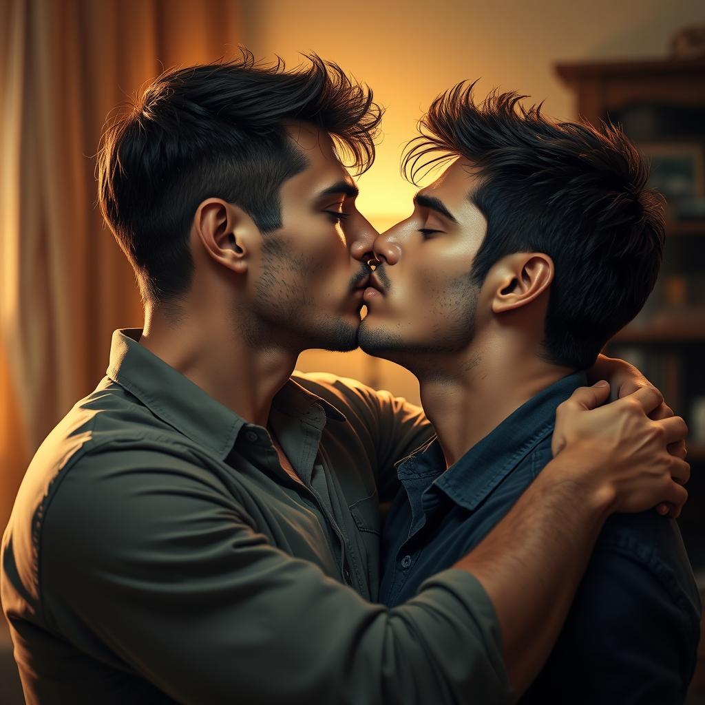 A dramatic depiction of two men sharing an intimate kiss, highlighting the closeness and connection in the moment
