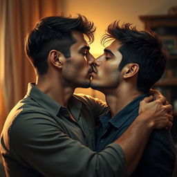 A dramatic depiction of two men sharing an intimate kiss, highlighting the closeness and connection in the moment