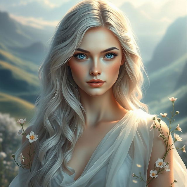 An ethereal image of a goddess-like woman with long, wavy silver-blonde hair cascading down her shoulders