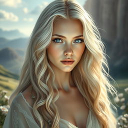 An ethereal image of a goddess-like woman with long, wavy silver-blonde hair cascading down her shoulders