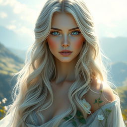 An ethereal image of a goddess-like woman with long, wavy silver-blonde hair cascading down her shoulders