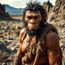 A Neanderthal man depicted in a natural setting, showcasing his strong physique and rugged features