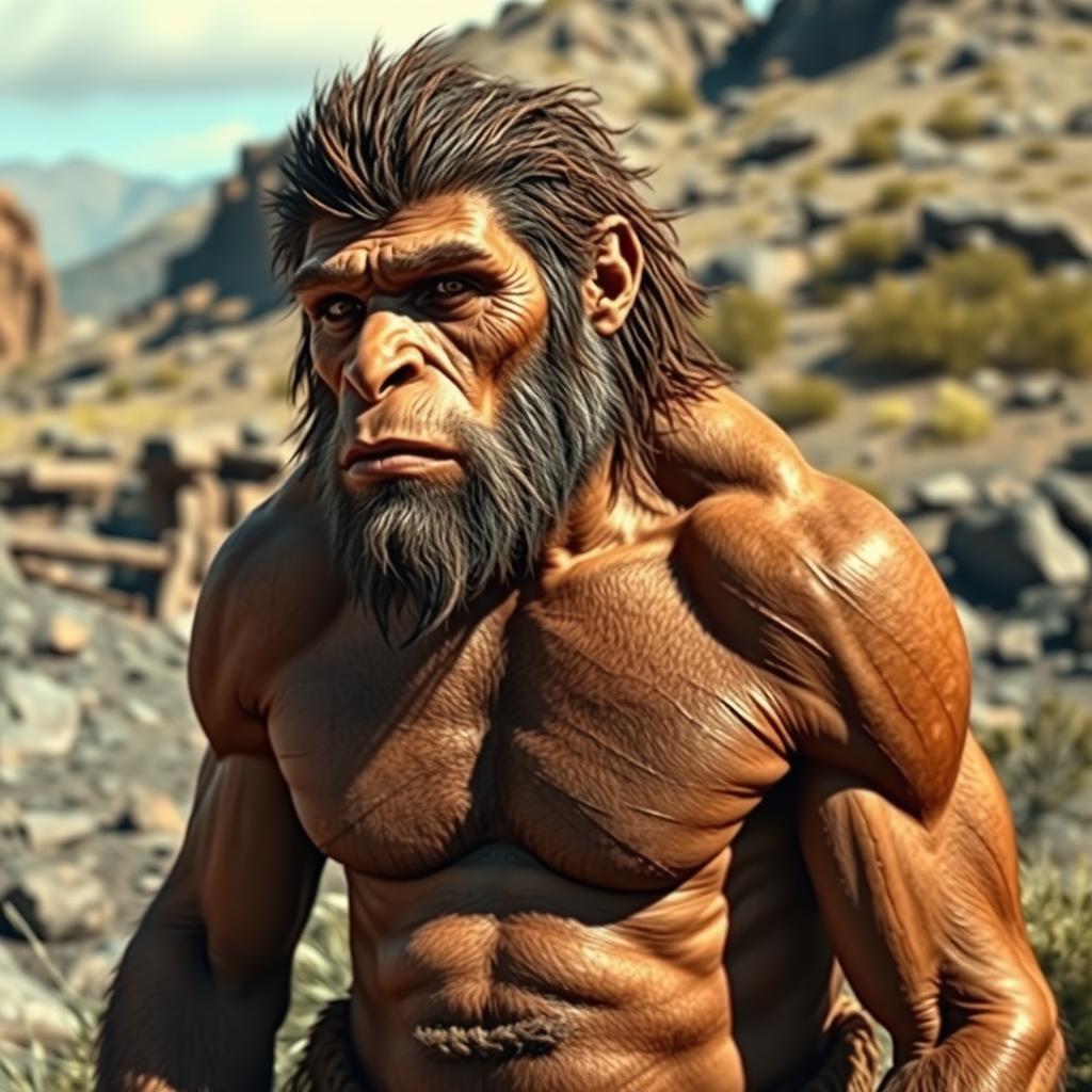 A Neanderthal man depicted in a natural setting, showcasing his strong physique and rugged features