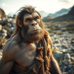 A Neanderthal man depicted in a natural setting, showcasing his strong physique and rugged features