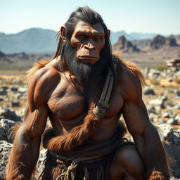 A Neanderthal man depicted in a natural setting, showcasing his strong physique and rugged features