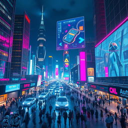 A futuristic city skyline at night, illuminated with vibrant neon lights and flying cars zipping between towering skyscrapers