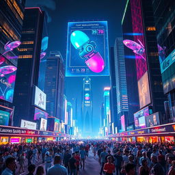 A futuristic city skyline at night, illuminated with vibrant neon lights and flying cars zipping between towering skyscrapers
