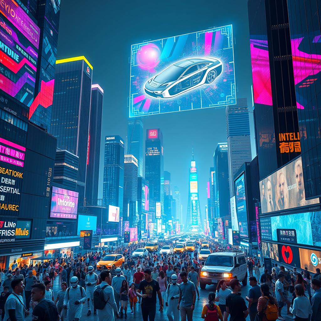 A futuristic city skyline at night, illuminated with vibrant neon lights and flying cars zipping between towering skyscrapers