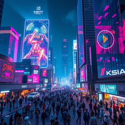 A futuristic city skyline at night, illuminated with vibrant neon lights and flying cars zipping between towering skyscrapers