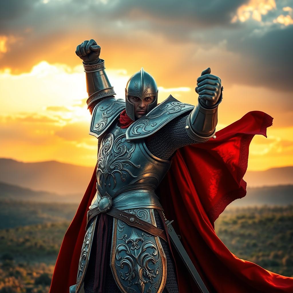 A powerful knight clad in intricately designed armor, standing heroically on a battlefield