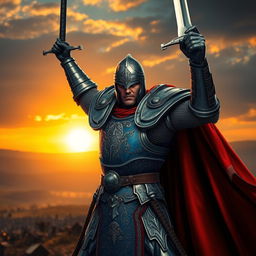 A powerful knight clad in intricately designed armor, standing heroically on a battlefield