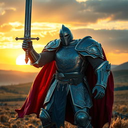 A powerful knight clad in intricately designed armor, standing heroically on a battlefield