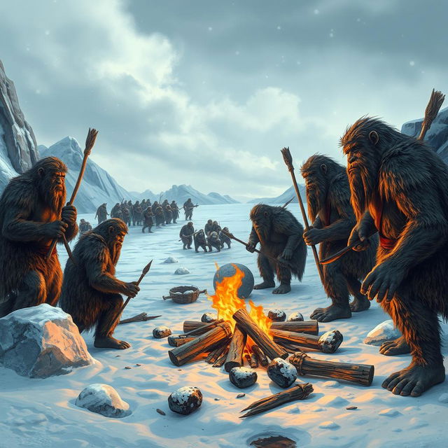 A detailed scene depicting Neanderthals during the Ice Age, showcasing their daily life