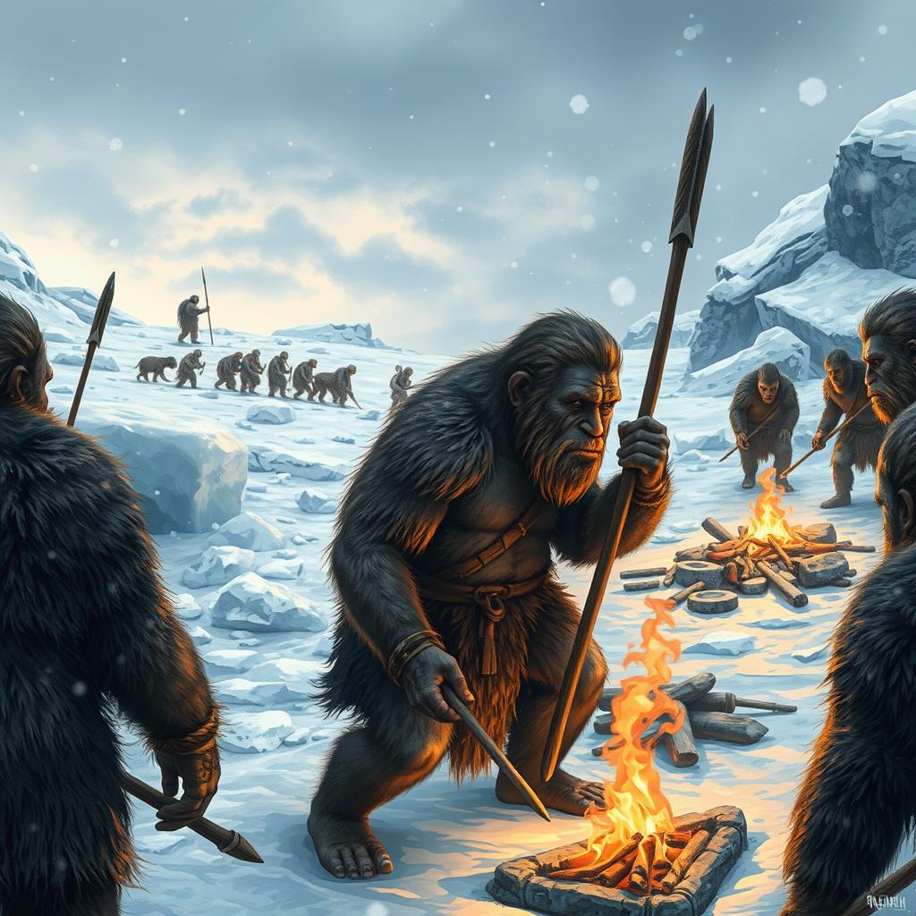 A detailed scene depicting Neanderthals during the Ice Age, showcasing their daily life