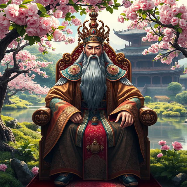 A majestic Asian king seated on an ornate throne, adorned in traditional royal attire with intricate patterns and vibrant colors