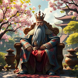 A majestic Asian king seated on an ornate throne, adorned in traditional royal attire with intricate patterns and vibrant colors
