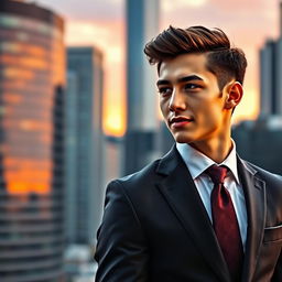 A stylish young man in a sharp suit, with a closed collar and a perfectly tied tie, exuding confidence and elegance