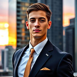 A stylish young man in a sharp suit, with a closed collar and a perfectly tied tie, exuding confidence and elegance