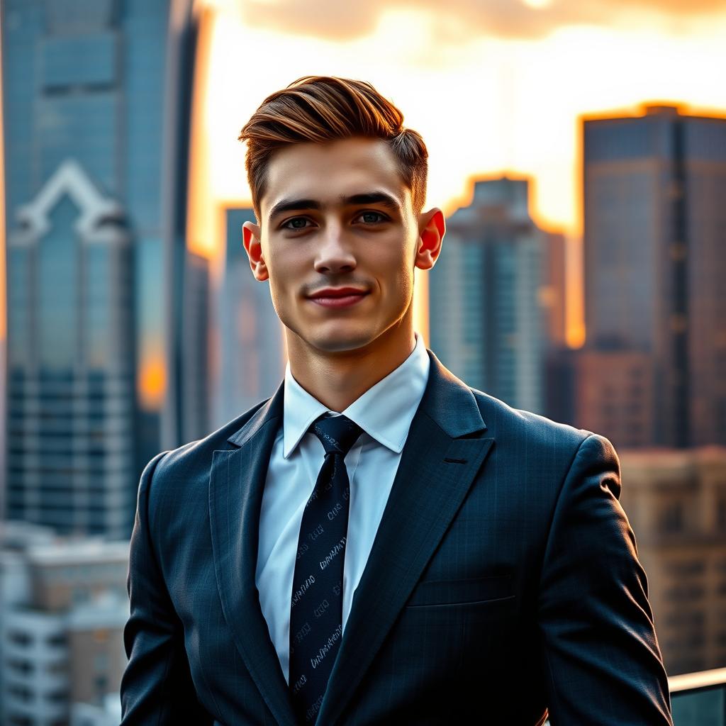 A stylish young man in a sharp suit, with a closed collar and a perfectly tied tie, exuding confidence and elegance