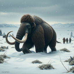 A dramatic scene from 10,000 BC during the Ice Age featuring a majestic woolly mammoth navigating through a frozen landscape