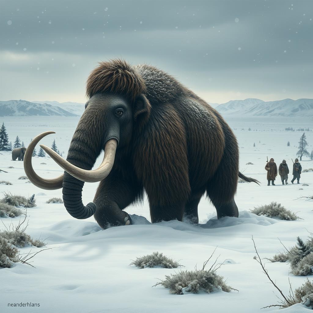 A dramatic scene from 10,000 BC during the Ice Age featuring a majestic woolly mammoth navigating through a frozen landscape