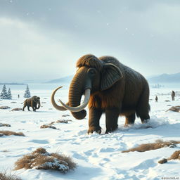 A dramatic scene from 10,000 BC during the Ice Age featuring a majestic woolly mammoth navigating through a frozen landscape