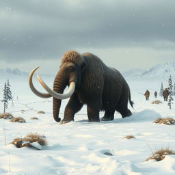 A dramatic scene from 10,000 BC during the Ice Age featuring a majestic woolly mammoth navigating through a frozen landscape