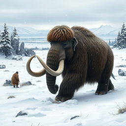 A dramatic scene from 10,000 BC during the Ice Age featuring a majestic woolly mammoth navigating through a frozen landscape