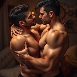 A sensual depiction of two men in an intimate, passionate embrace, showcasing their strong connection, romantic gestures, and deep eye contact