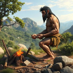 An artistic representation of Homo erectus, showcasing their physical features, posture, and habitat